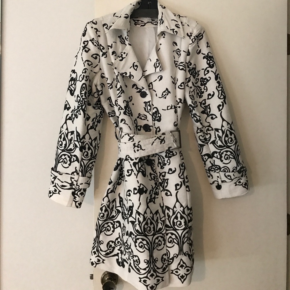 Black and Off White Print Trench Jacket
